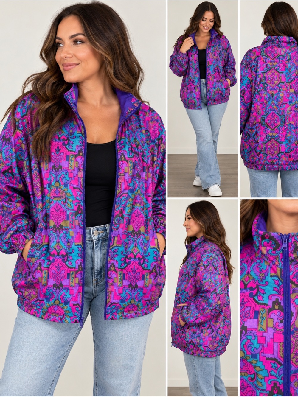 Lady Lavon 2X Retro Abstract Nylon Windbreaker Jacket